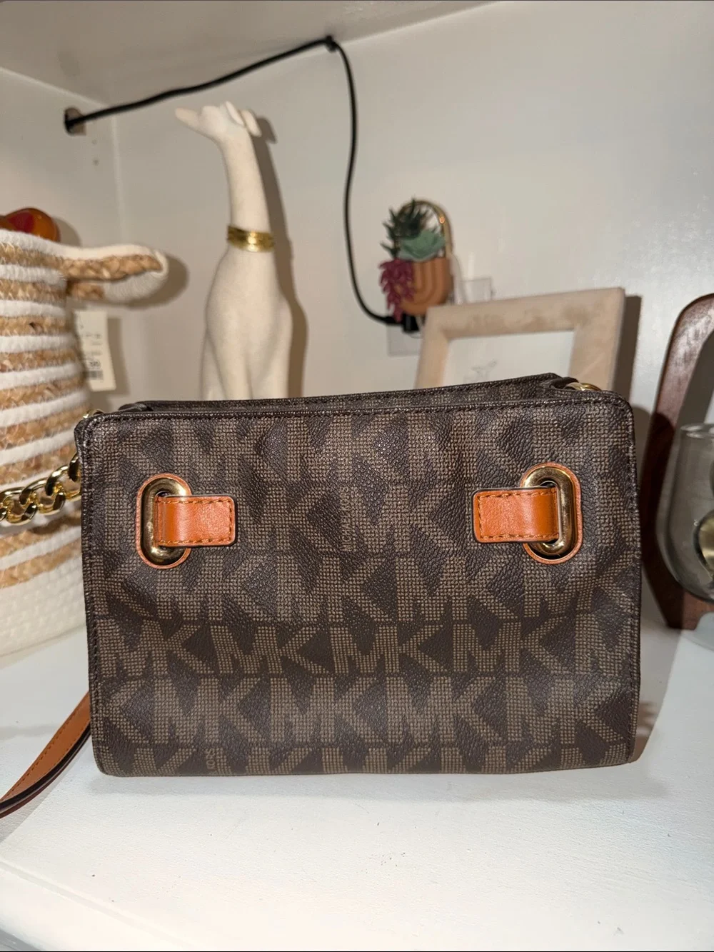 Michael Kors Brown MK Monogram Crossbody with Tan Strap and Gold Hardware